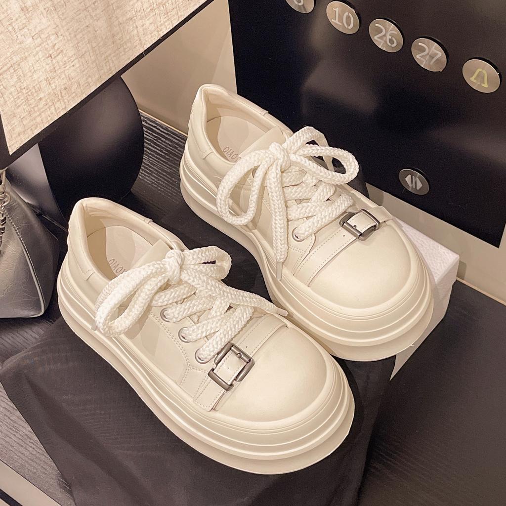 Simple Lace-up Casual Board Shoes Women's 2025 New Autumn Fashion Thick-soled Heightening Flat-soled Sports Shoes White Shoes Tide