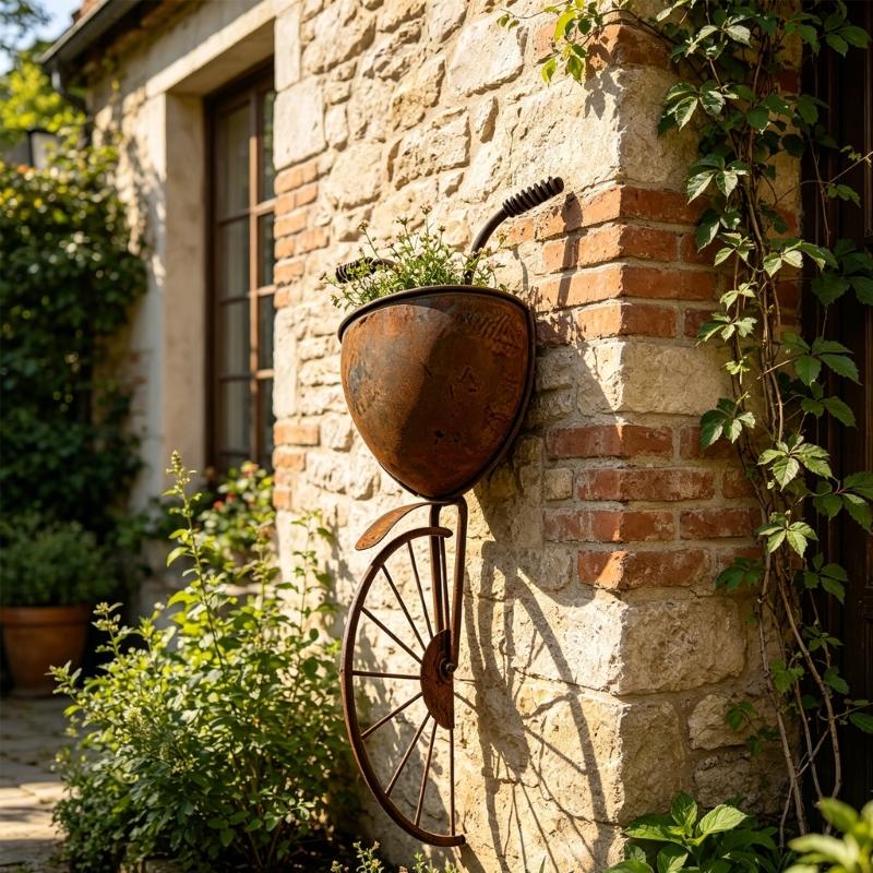 Metal Bike Wall Flower Pot with Brown Finish, Small Flower Holder for Fence Panels, Brick Walls, and Outdoor Wall Use at Home