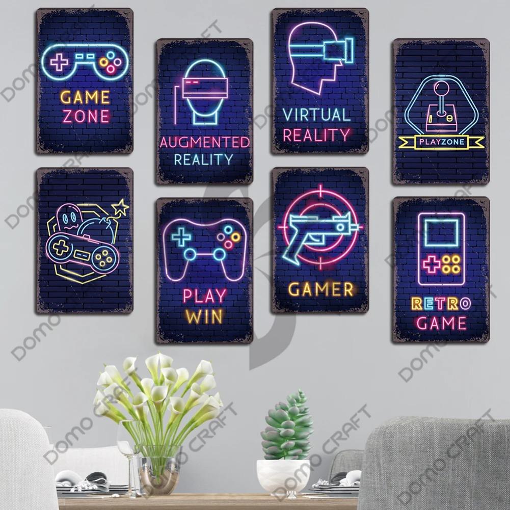 Poster Neon pentru jocuri video Placă metalică Gamer Play Win Game Zone Semne de tablă din metal Decor de perete retro Sala de jocuri Bar Pub Peștera omului