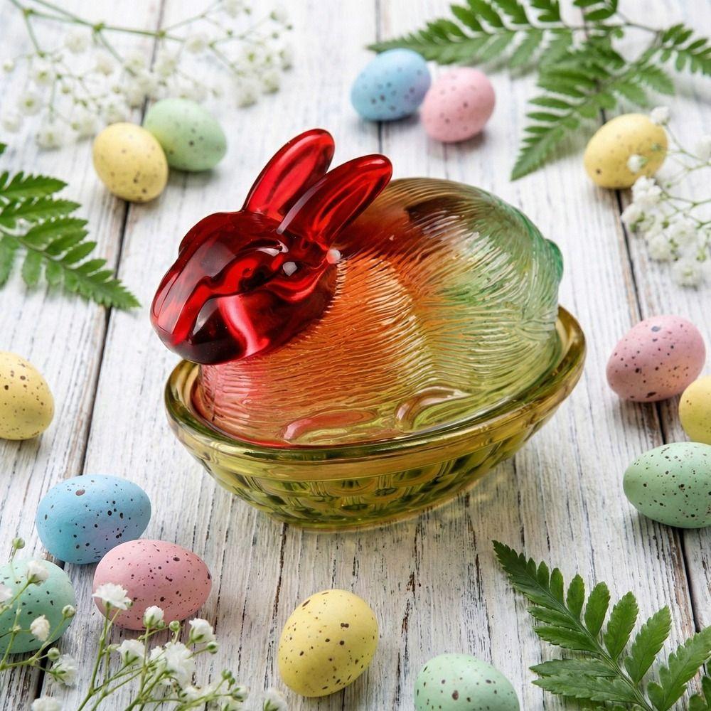 Multi-Color Easter Rabbits Candy Dish Festive with Lid Cookies Candy Bowl Glass Rabbit Storage Jar Festive Snack Serving