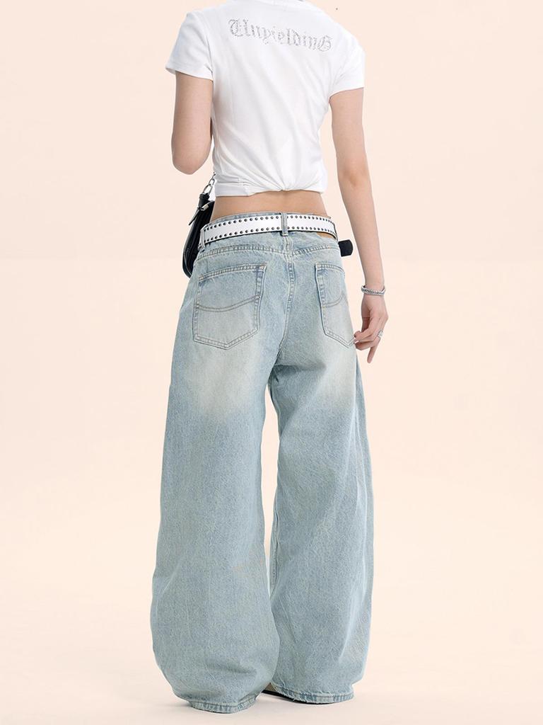 Yongfang Washed Blue Scimitar Jeans - Unisex, Niche Street Style, Loose Wide-Leg Long Pants