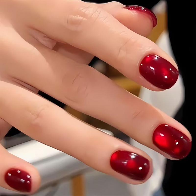 Bestseller di Capodanno: Perle di Vetro Rosse Occhio di Gatto Semi-Artigianali Nail Art - Unghie Indossabili Sbiancanti Rimuovibili di Alta Gamma