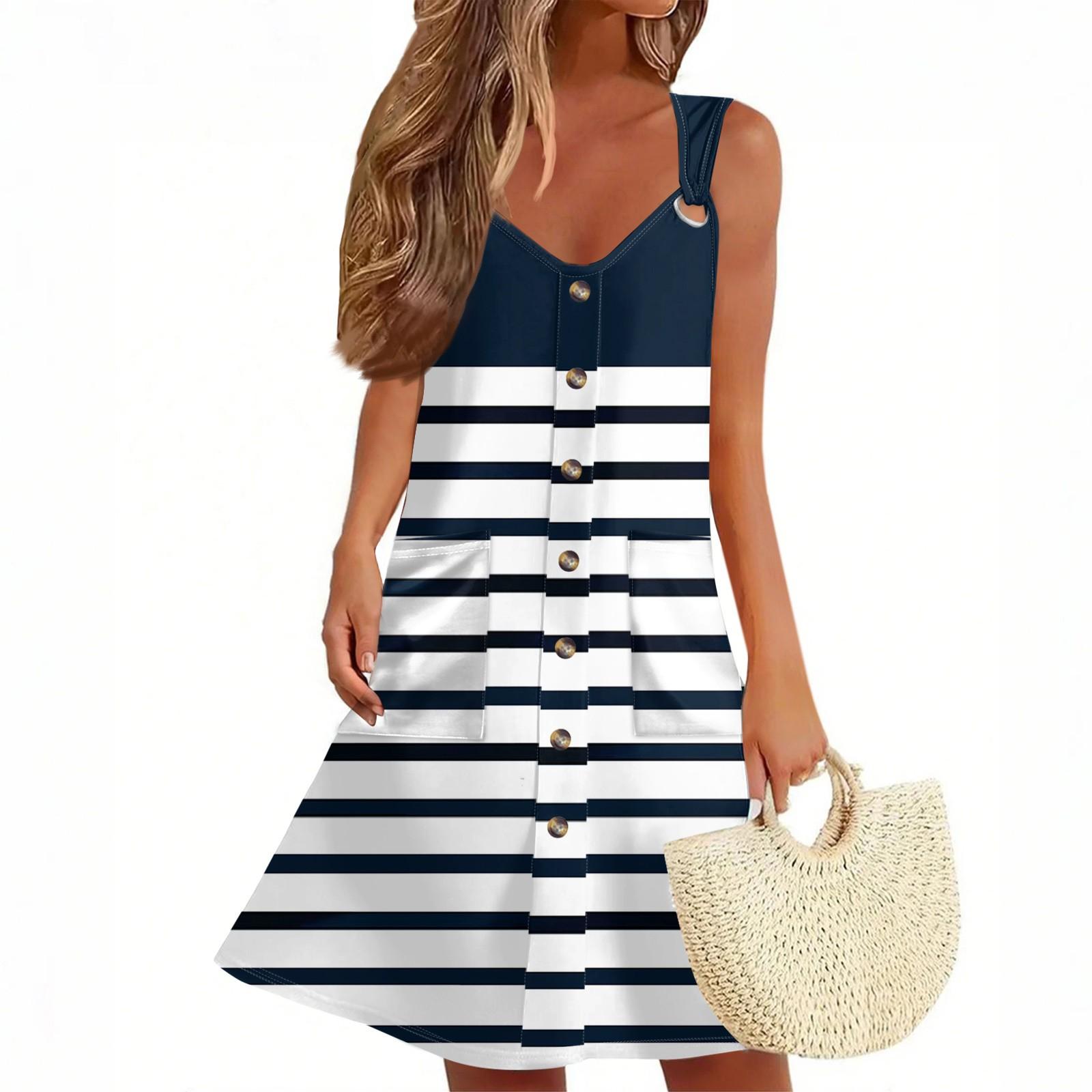 

Женское летнее платье с карманом, без рукавов, сарафан с полосатым принтом XXL тёмно-синий
