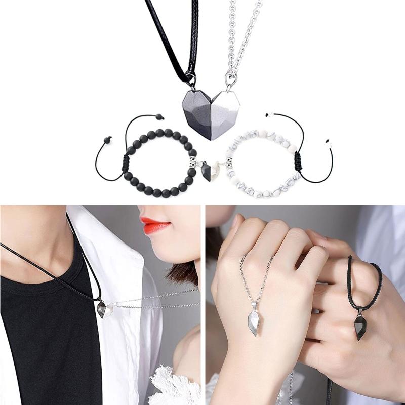 4x Magnetic Couple Bracelet Set Heart Pendant Matching Necklace Forever Love Jewelry Gifts for Couple Best Friends