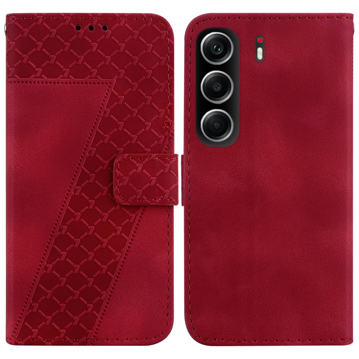 

For TECNO Camon 40 4G Stand Case 7-Shaped Pattern Imprint Leather Phone Cover with Strap Red