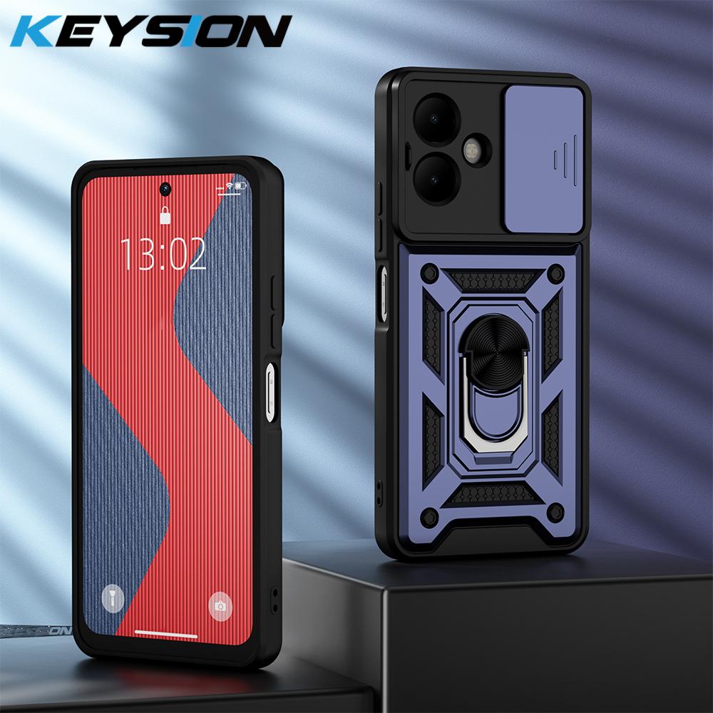 KEYSION Shockproof Case for TECNO Spark Go 2 Pop 10 Slide Camera Lens Protection Ring Stand Phone Cover for Infinix Smart 10