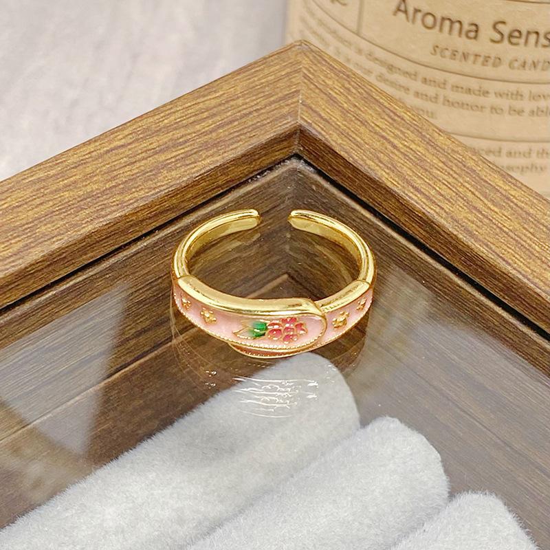 Medieval Vintage Colored Enamel Flower Butterfly Opening Ring Female Retro Niche High-End Light Luxury Ring