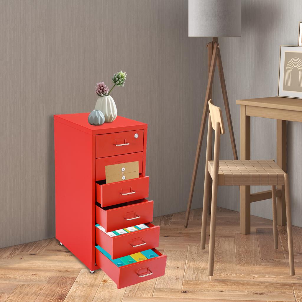 6 Tier Vertical Locking File Cabinet on Wheels, Red Metal Storage, Document Filing with 2 Keys, Multi-Layer Letter Size Cabinet