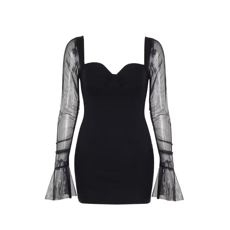 Herbst Prominente Qualität Sexy Mesh Spleißen Langarm Dünnes Kleid Frau