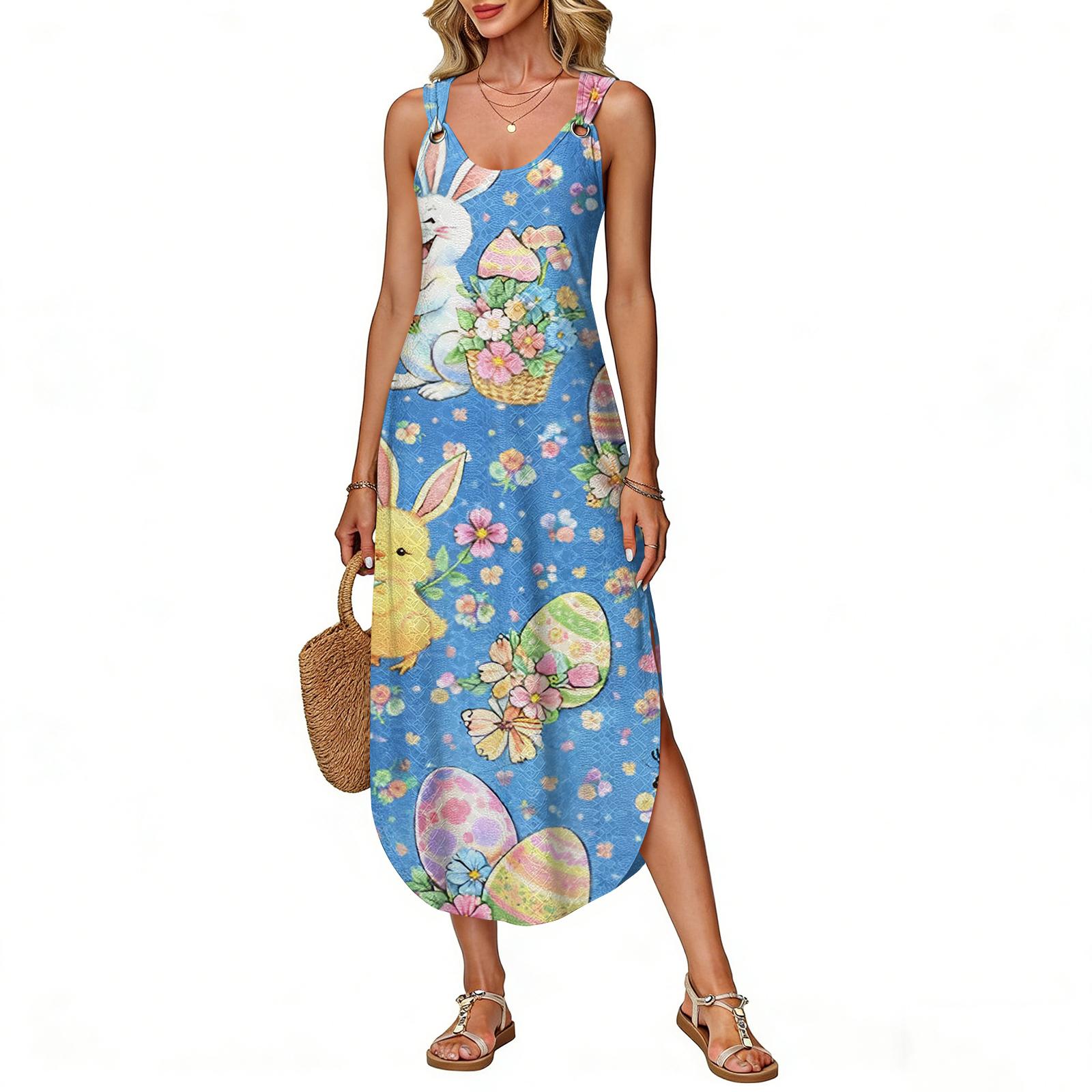 Women s Summer Long Dress, Sleeveless With Side Slit, Long Easter Printed Vest Dress L