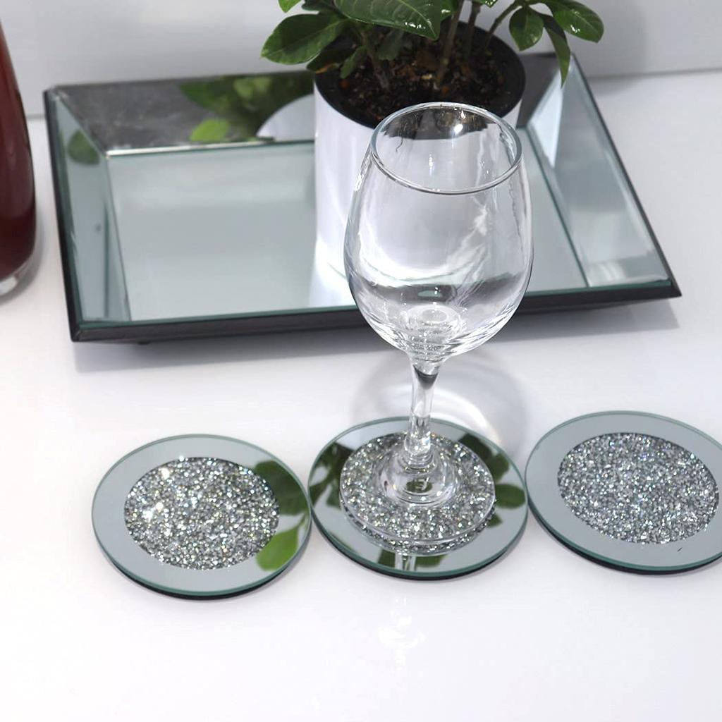GIMORRTO Glass Mirror Coasters, 4 Pieces, Crushed Diamond Round 4 Inch, Cup Mats, Tabletop Decor, Bar Tools, Dining Table