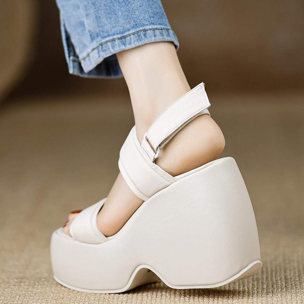 Krazing Pot Sheepskin Peep Toe Thick High Heels Platform Summer Shoes Hook Loop Casual Women Sandals