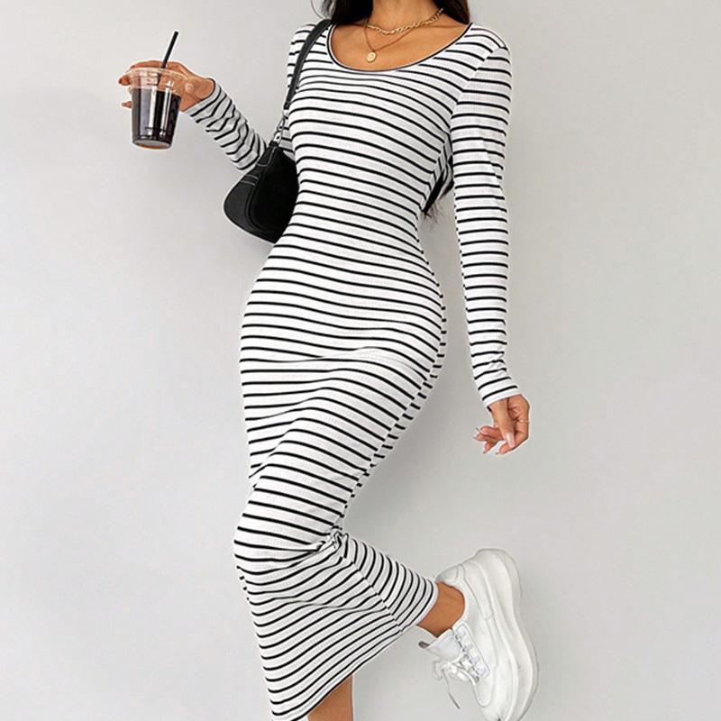 

2026 Spring Fashion White Stripe Long Sleeve Sexy Square Colla Maxi Dress for Women Casual Skinny Straight Elastic Knit Dresses S