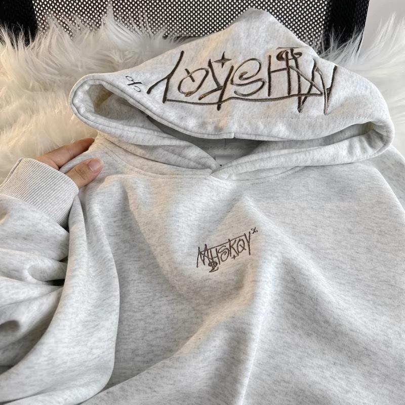Unisex American Retro Fleece-Lined Hooded Sweatshirt for Autumn/Winter Hip Hop Trend