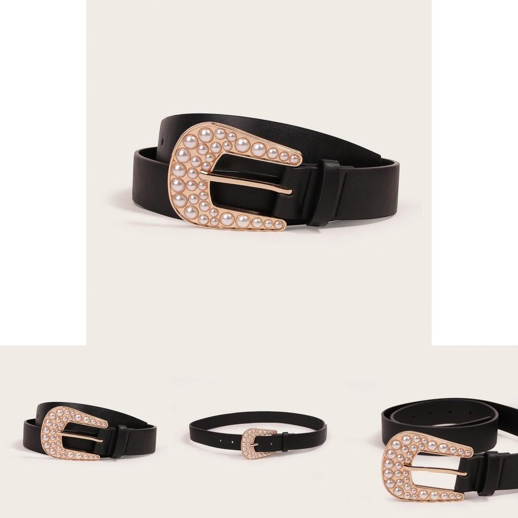 Classic Fashion Casual Leather Belt For Women With Pearl Decor For Spring