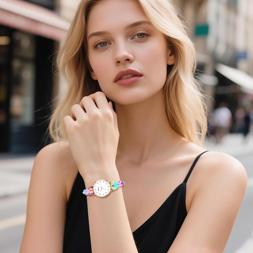 Wristwatch with Braided Hair Colorful Quartz Analog Arabic One Size Fits Casual Day Gift Women's Band, Stretchable, Waterproof Bracelet, Ring,