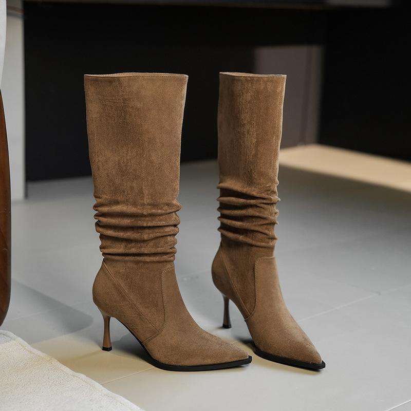 

Spice Girls Sexy Thin Heel Pointed Pile Boots Women s Big Tube Skinny High Heel Boots Pleated 34 коричневый