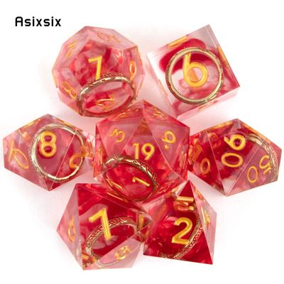 7 pces anel de resina vermelha número dourado dados de borda afiada dados poliédricos adequados para rpg jogo de tabuleiro