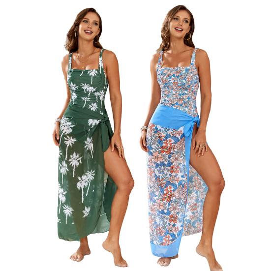 2Pcs/Set Women Sling Square Collar Pleated Monokini with Slim-Fit Cover Up Dress Quick Drying