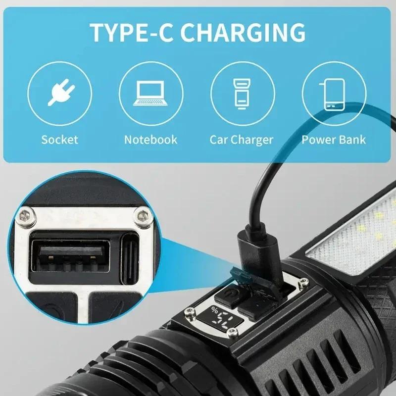 Super Big Flashlight USB Rechargeable Most Strong LED Flash Light Long Range Torch Zoom Outdoor With Digital Power Display