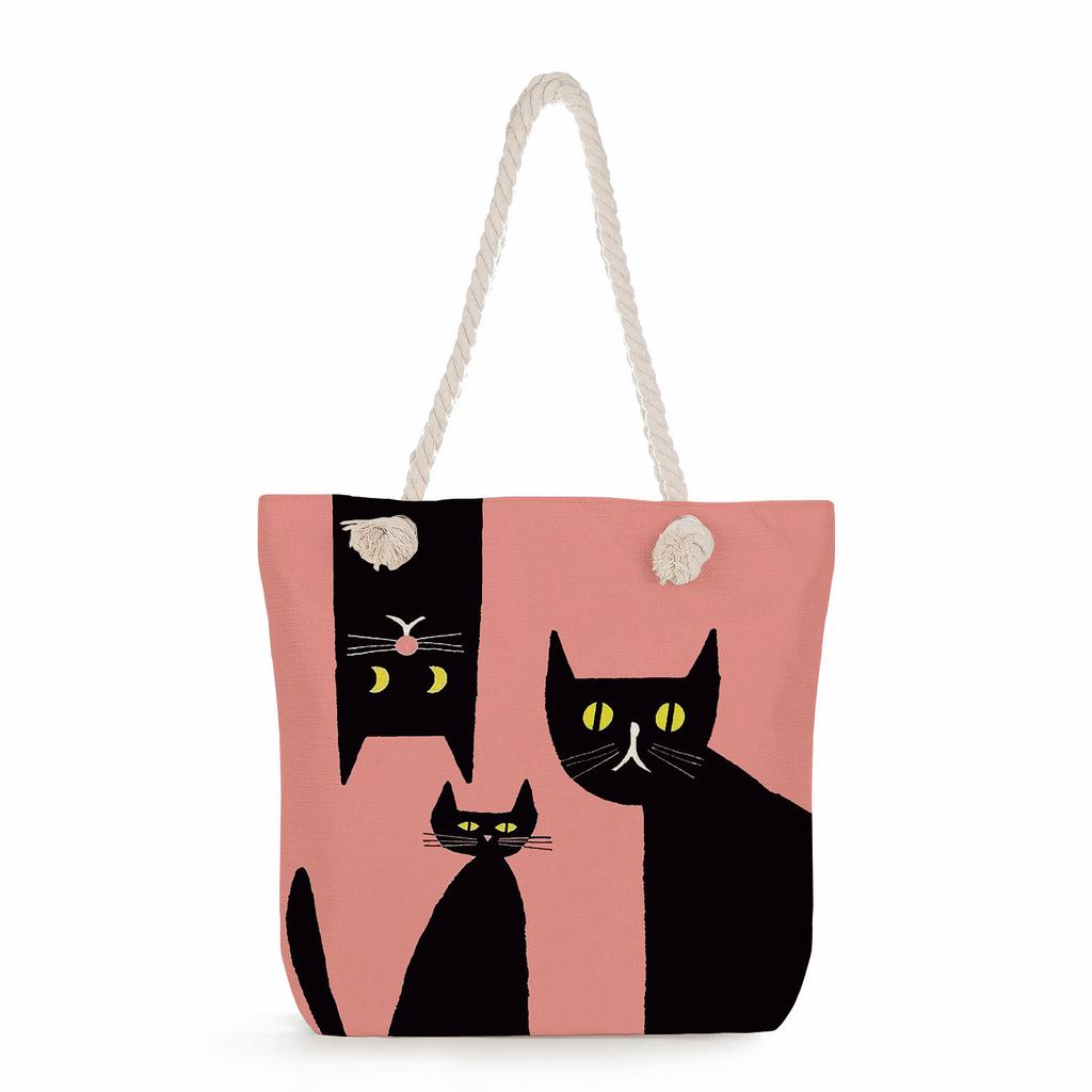 Cat print thick rope single-shoulder beach bag 7215