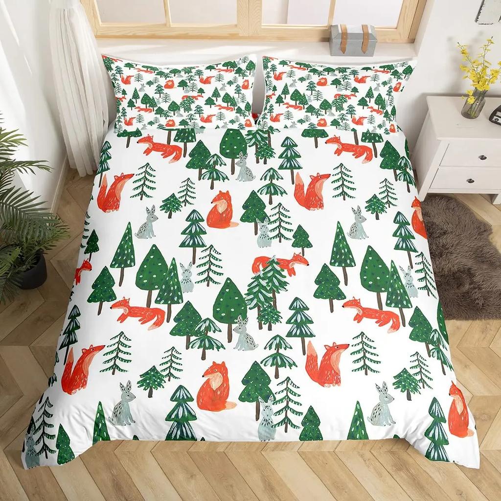 Comforter Cute Forest Animals Theme S King Size Fox Deer Rabbit Owl Hedgehog Flowers Comforter Set 2/3Pcs Bedding Set