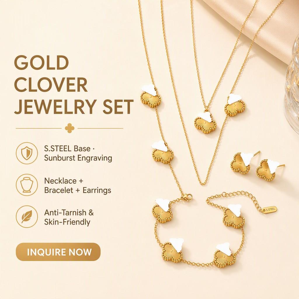 Non-fading Stainless Steel Titanium Steel Double-sided Four-leaf Clover Necklace Set Earrings Bracelet for Women's Stylish