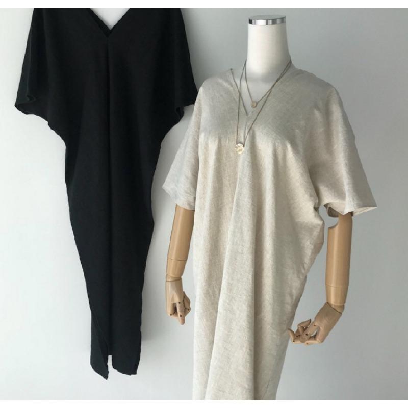 Minimalistické Retro Dlouhé Volné Ležérní Šaty s Dlouhým Krátkým Rukávem