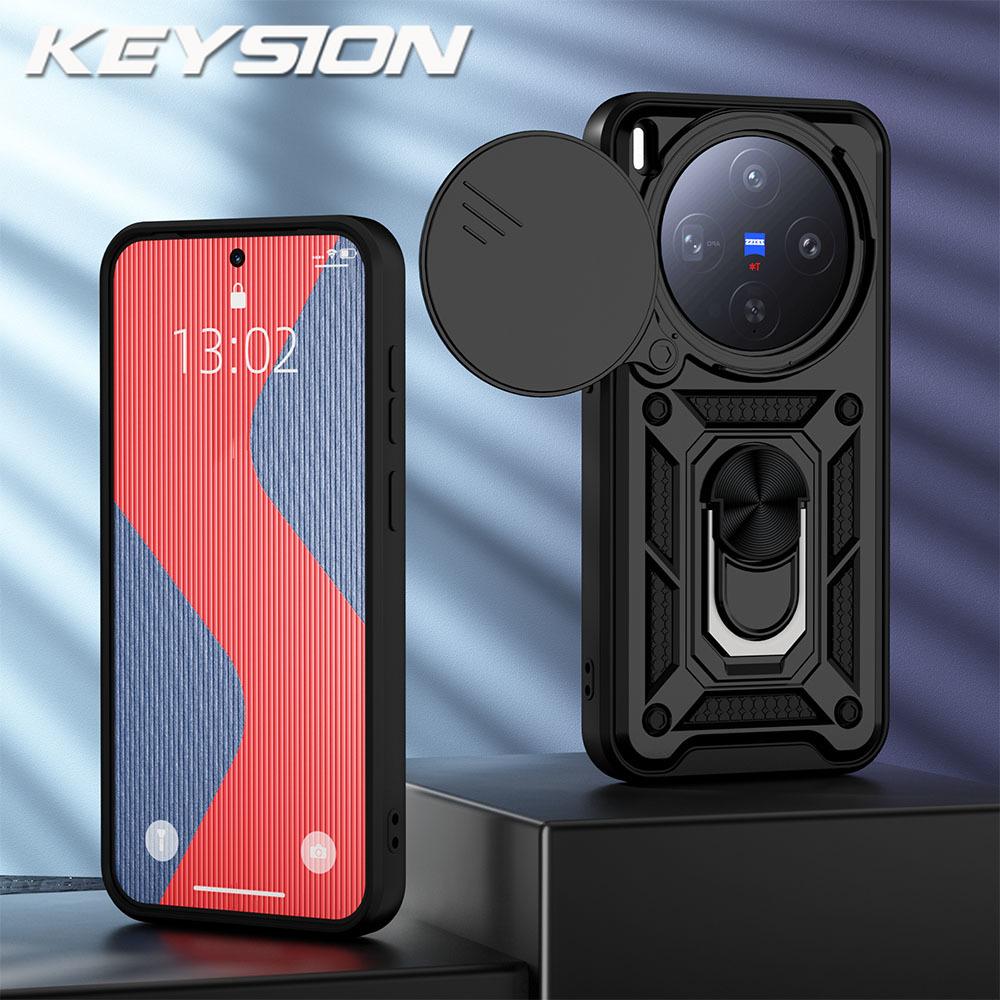 KEYSION Shockproof Armor Case for VIVO X300 Pro 5G Silicone+PC Slide Camera Lens Protection Ring Stand Phone Cover for VIVO X300