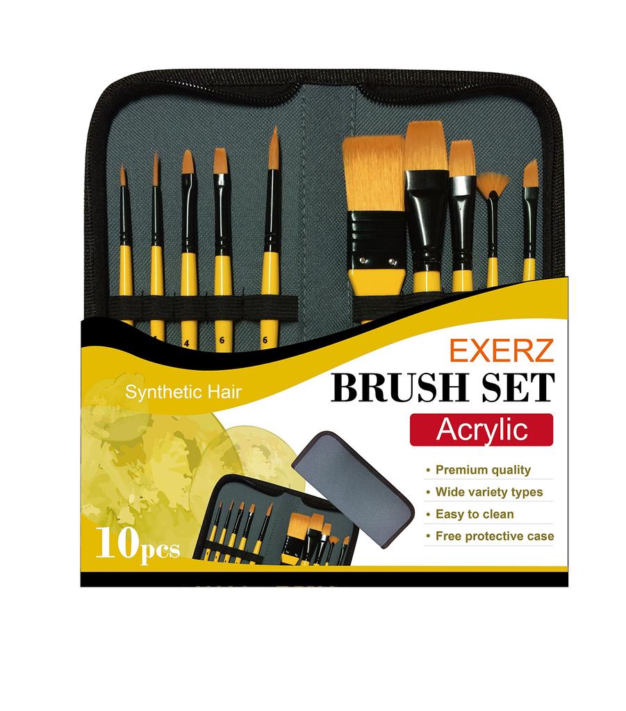Exerz Acrylic Paint Brush Set 10 Pcs Synthetic Hair Artist Professional Brushes In a Travel for Acrylic Watercolor Gouache Face Paint Case/Perfect &