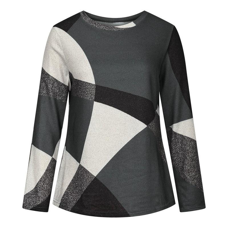 European American Women Casual Color Block Long Sleeve Buttons Dressy Casual Geometric Tunic Crewneck T Shirts