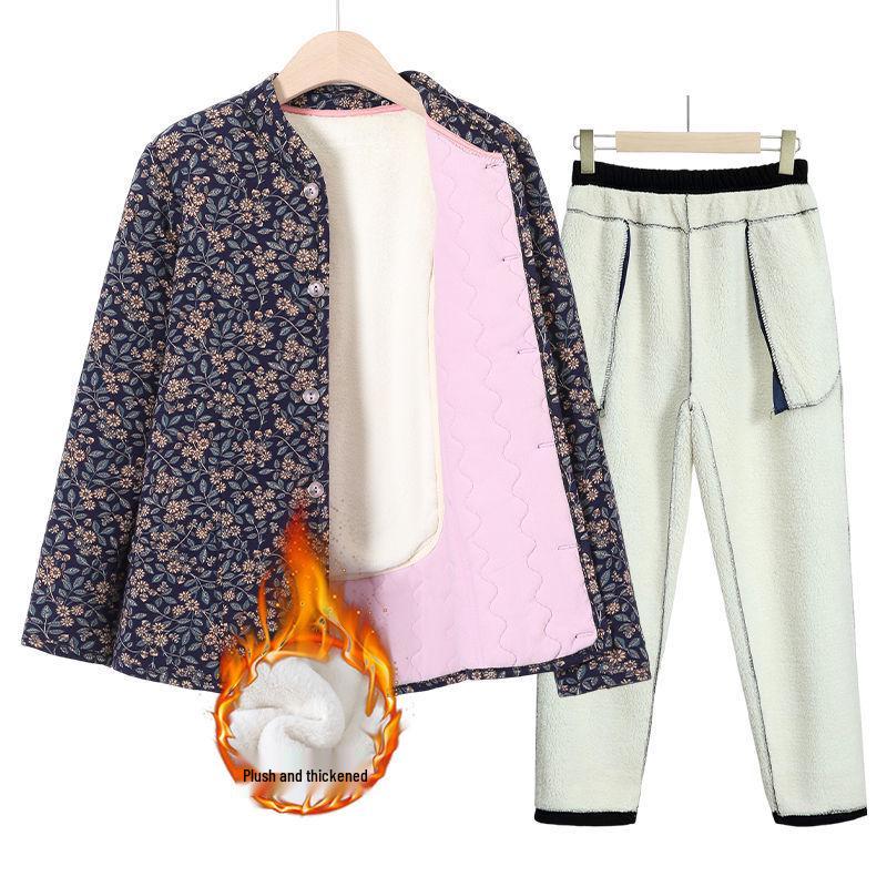 Grandma's Winter Floral Cotton Jacket with Velvet Lining - Warm, Thickened, Small Size for Elderly Women