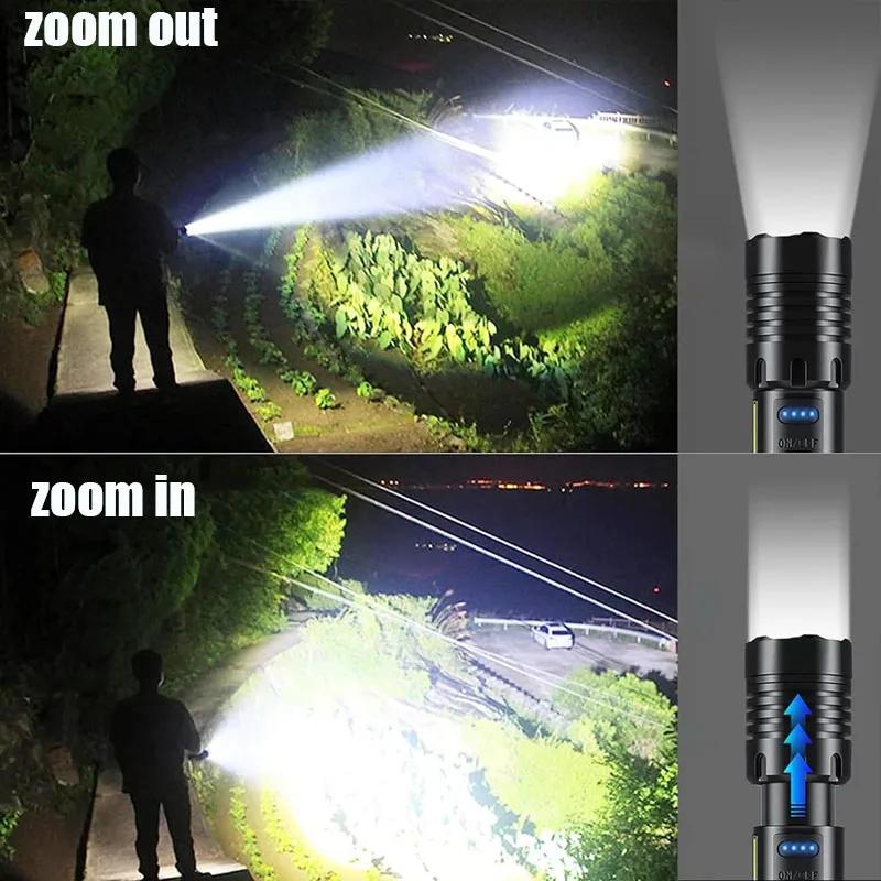 High Power Rechargeable Flashlight COB Led Light with Power Supply Built-in Battery Tactical Torch for Outdoor Camping Lantern