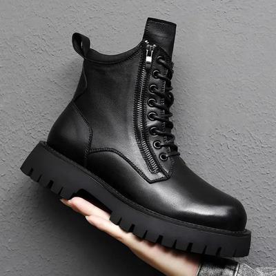 Herren High-Top Weiches Leder Mid-Top Dicksohlige Tooling Lokomotive Vielseitige Höhenerhöhende Winter Samt Baumwollschuhe