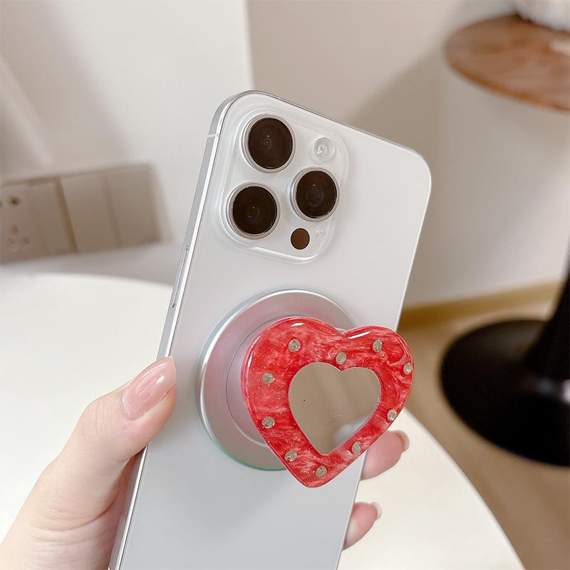 Women'S Magnetic Suction Is Suitable For Magsafe Watching Dramas, Desktop Mobile Phone Airbag Holder, Rhinestone, Heart-Shaped Mirror Sticker