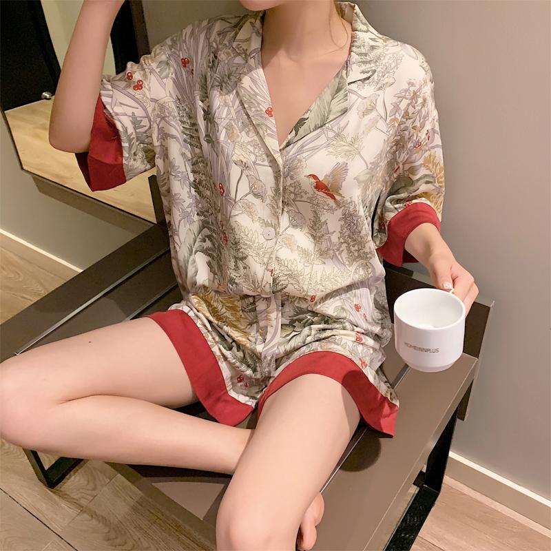 Vintage Forest Flowers and Birds Print Pajamas Women Elegant Ins Style Simulated Silk Housewear New Summer Female Nightgown
