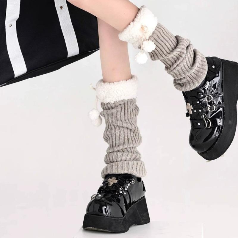 Cute Leg Cover Autumn and Winter Lamb Wool Pom-pom Warm Hairball Socks Cover J Retro Stacking Socks Children
