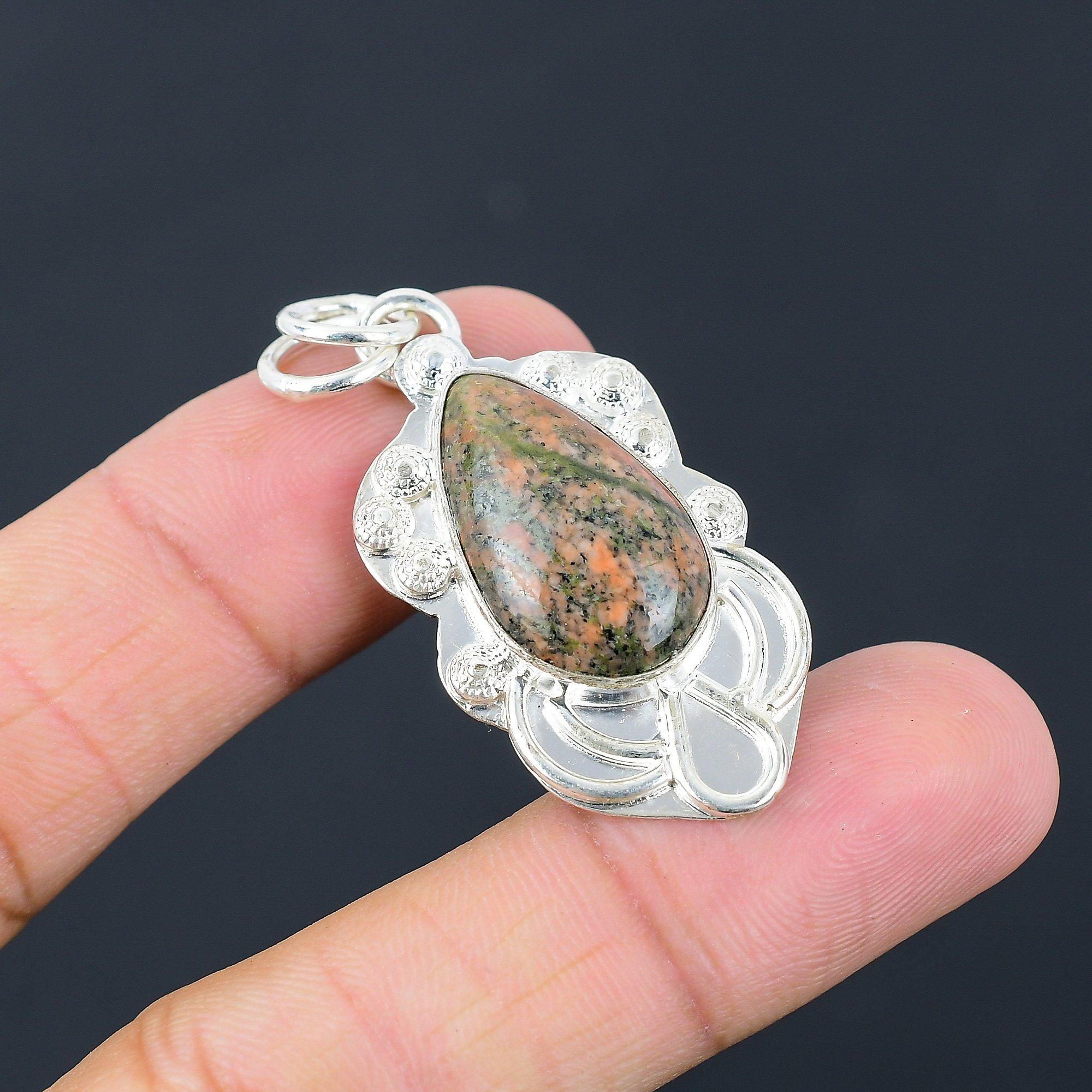Daughters Day Deal 925 Silver Natural Unakite Heart Chakra Engagement Pendant