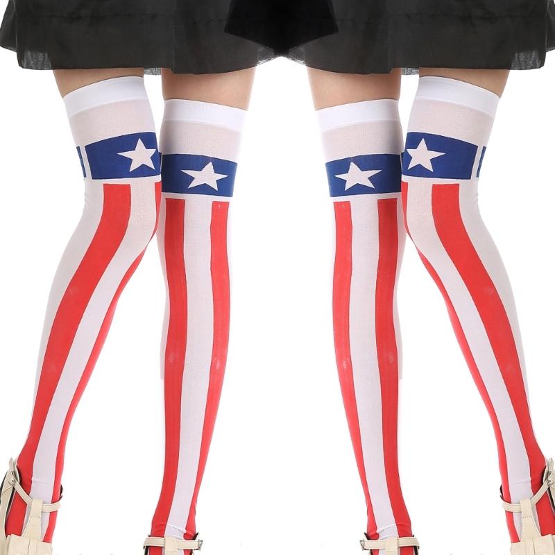 Women American Flag Star Striped Printed Over Knee Long Socks Thigh High Stockings for Independence Day Cosplay Costume
