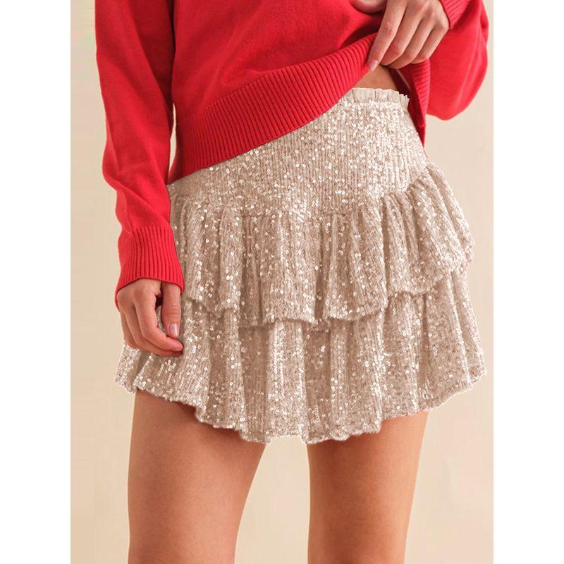 

Solid Color Sequin Pleated Skirt Pure Color Sequins Ruched Skirt for Women EQRB006-apricot L