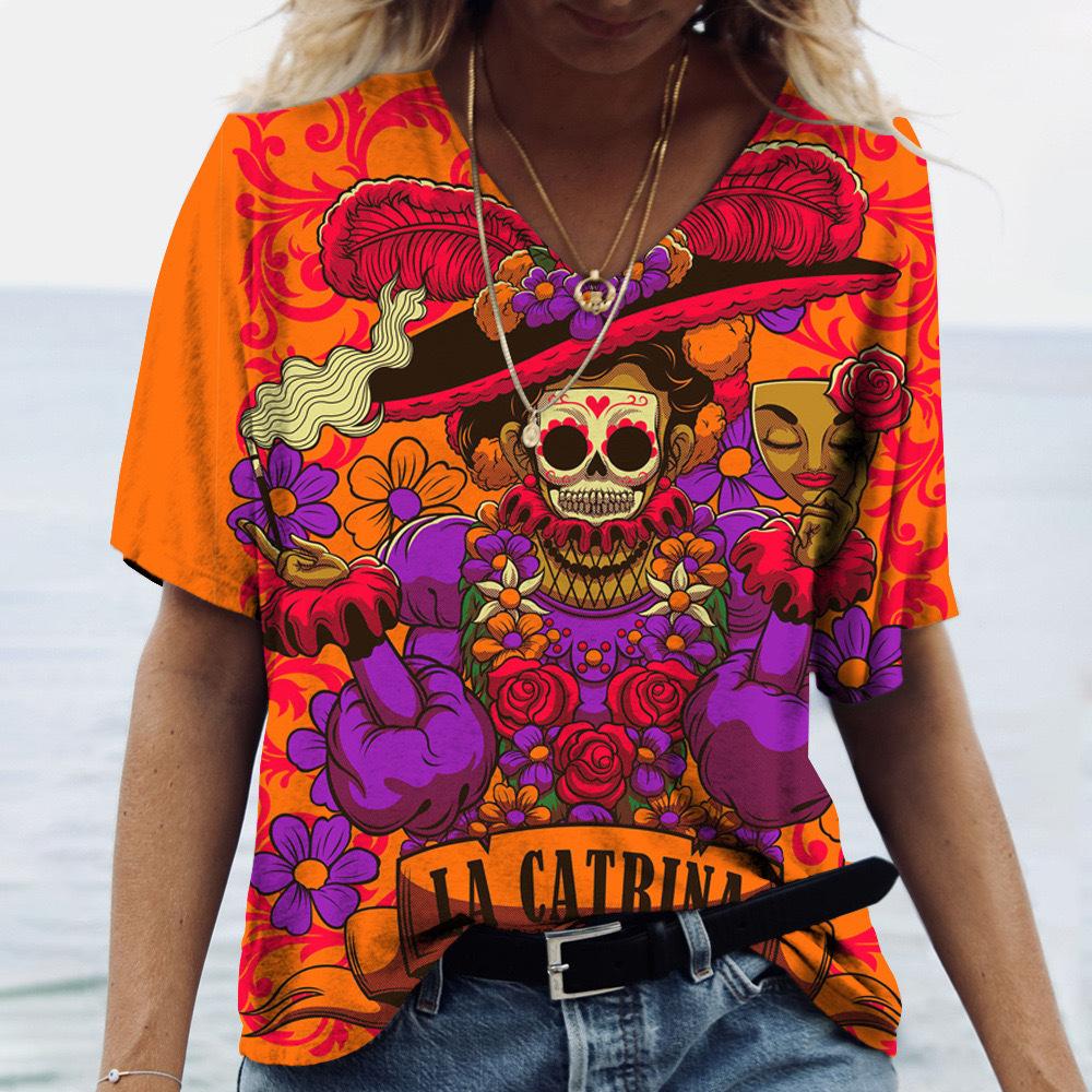 Women's Street Fashion T-shirt Halloween Series 3D Printed Short Sleeve Daily Versatile Casual V-neck Top Women's Wear