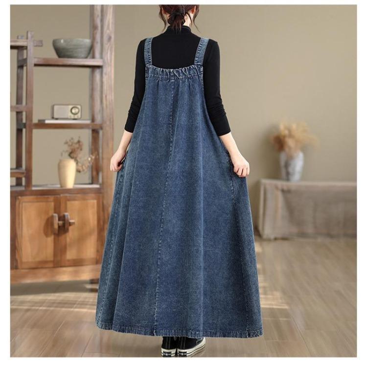 Vintage Denim Maxi Dress Women Plus Size Loose Casual Basic Sleeveless Long Dress Cotton