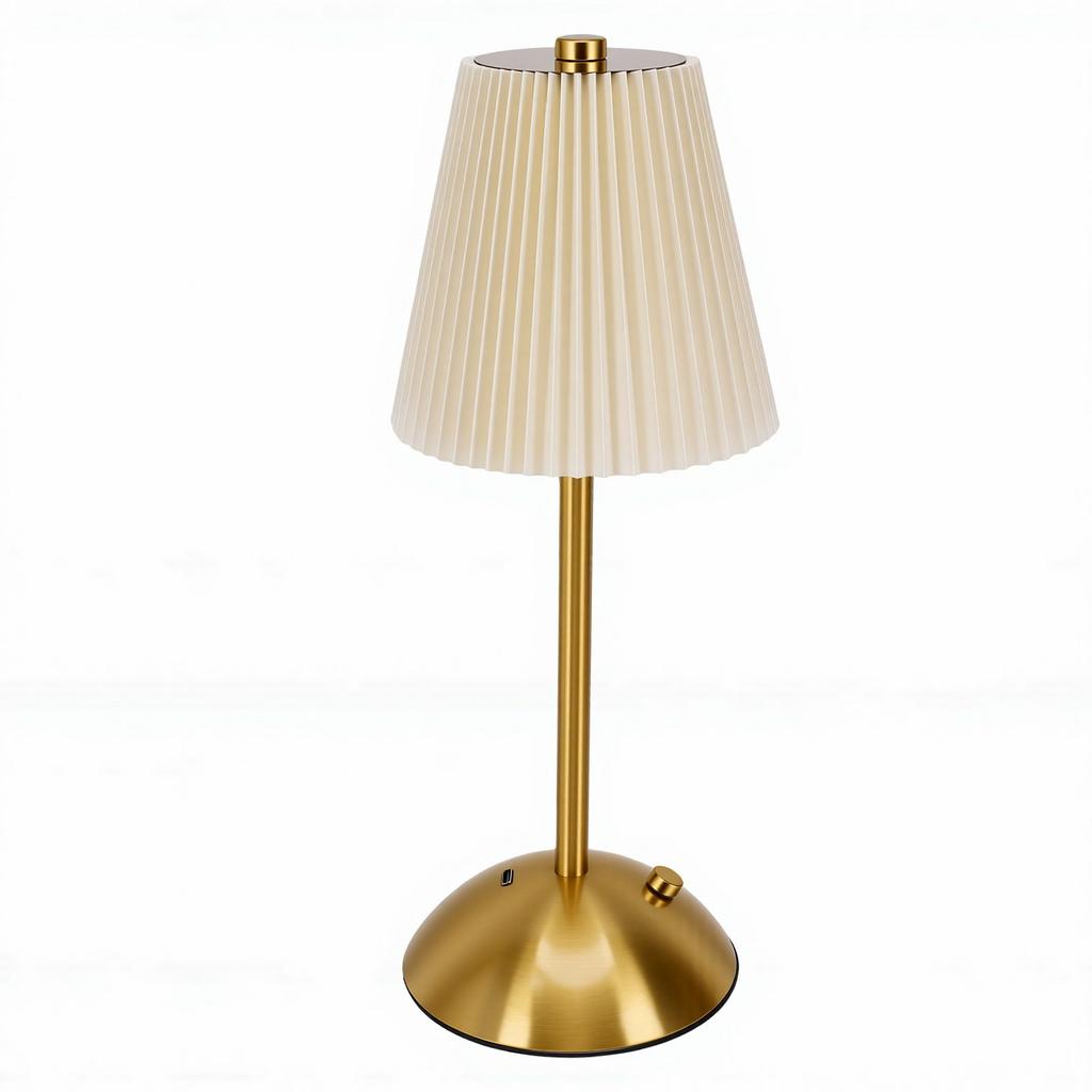 Pleated Table Lamp Metal USB Rechargeable Cordless Vintage Nightstand Lamp Decor for Bedside Living Room