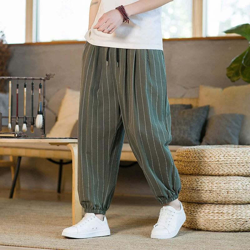 

Japanese Style Stripe Summer Cotton Linen Harem Pants Men Streetwear Breathable Beach Pants Male Casual Calf-Lenght Trousers 5XL