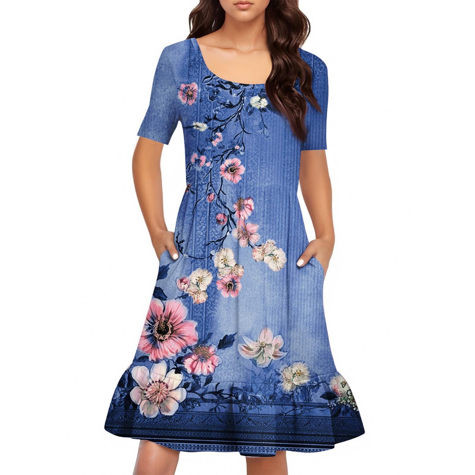 Women s Casual Round Neck Short Sleeved Dress  Loose Waist Pleated Dress Waist Pleated Dress L