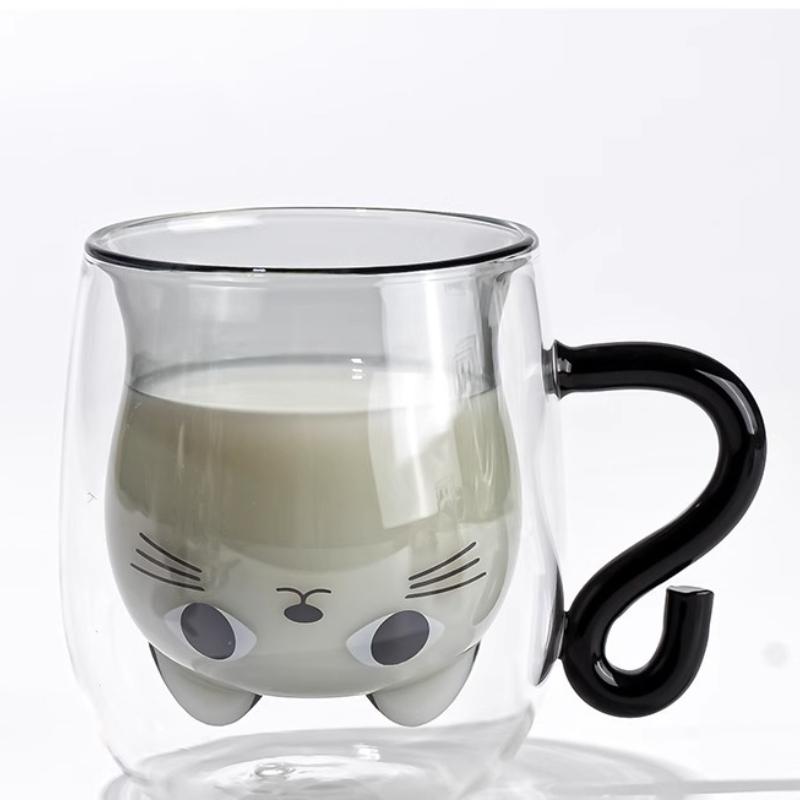 Cat Double-layer Mug High Temperature Resistant Milk Mugs Cute Cup for Girls Water Cups Home Breakfast Cup Coffee Glasses Glass