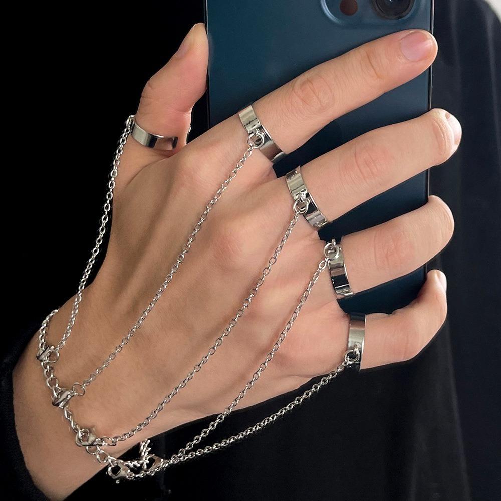 Punk Wrist Bracelet Gothic Open Rings Set Ins Chain Link Ring  Couple