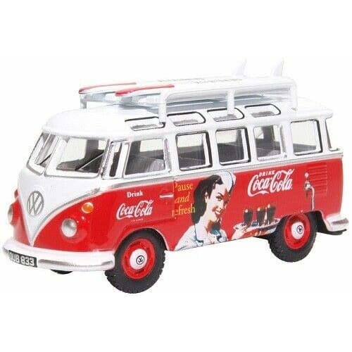 Oxford 1/76 Scale Volkswagen Bus Miniature Car, OXFORD 1962 Bus T1 Diecast Car, Derivan Surfboard Included, Coca-Cola