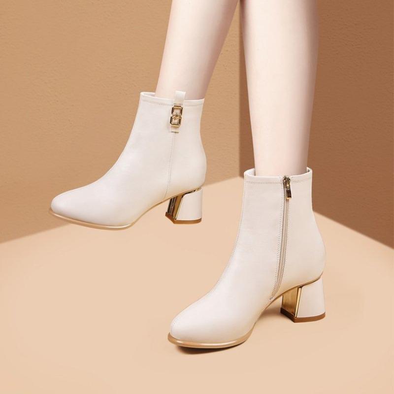Soft Leather Short Boots Women's Autumn and Winter New Thick Heel Side Zipper Martin Boots High Heel Short Boots Small Leather Boots Thin Boots