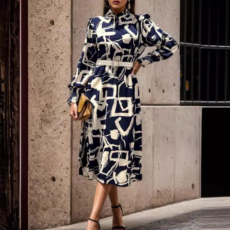 Women's Geometric Printed Long-sleeved Dress